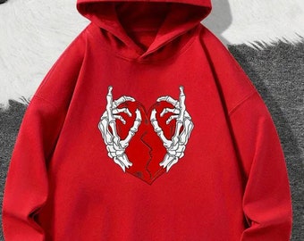 Valentine’s Day Skeleton Hands and Heart Pullover Long Sleeve Hoodie .