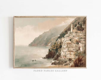 Vintage Amalfi Coast Landscape Painting, Positano Seacoast, Italian Beach, Summer Travel Art, Digital Download | P041