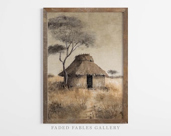 African Savanna Traditional Hut Oil Painting, Rural Life Printable Art For Digital Download | P035