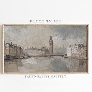 May include: A framed painting of a cityscape with a river and a tall clock tower in the background. The painting is done in muted tones of gray, brown, and white. The text "FRAME TV ART" is at the top of the image and "FADED FABLES GALLERY" is at the bottom.