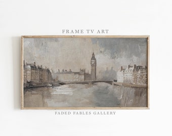 TV Samsung con marco, pintura al óleo vintage de Londres con vistas al Big Ben, impresión digital antigua en acuarela sobre lienzo, descarga instantánea / TV005