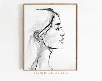Minimalist Abstract Silhouette Portrait Sketch, Aesthetic Female Pencil Line Art, Modern Rustic Decor Print - Digital Art Download | P036
