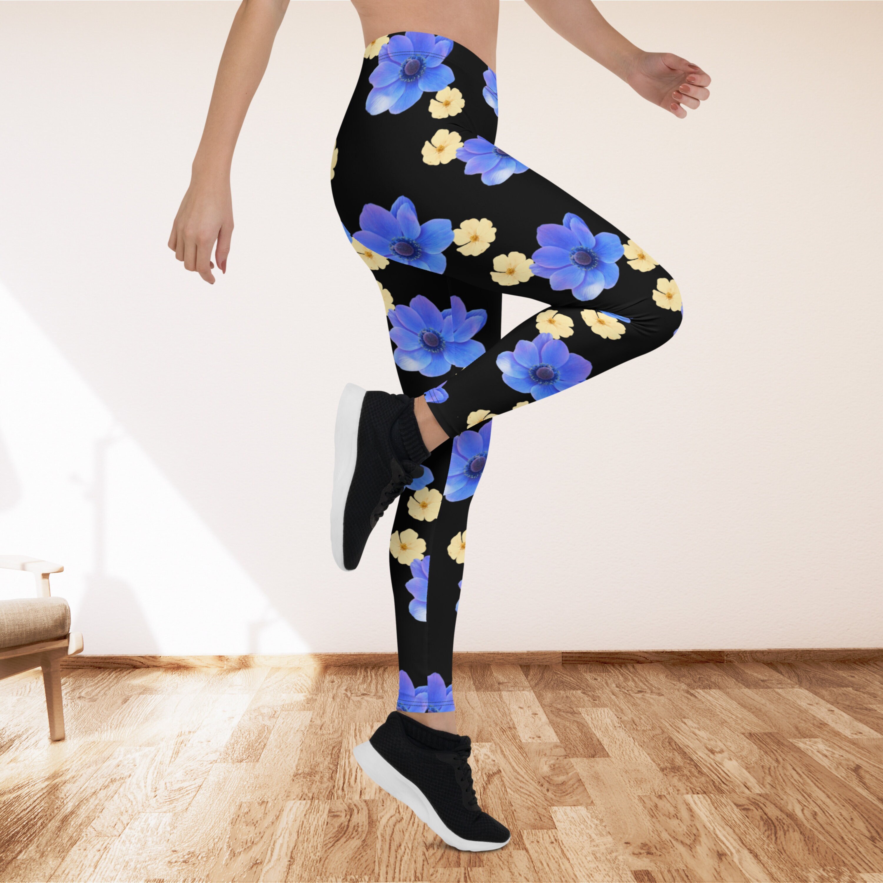 Blue Floral Print Leggings Spring Leggings Spring Leaves Leggings