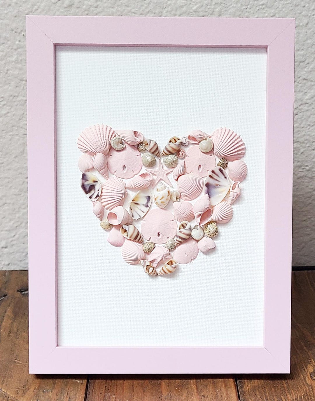 Shell Heart Frame Craft Handcrafted Framed Shell Heart Art, 5 X 7 Natural Shells, Pink Frame ...