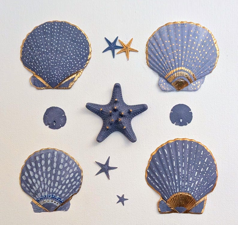 Rustic Core Shells Framed Blue Gray Shell Art, 10x10 Natural Shells, Gold Highlights ...