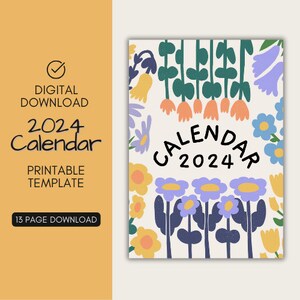 Beige Cute Playful Organic Flower Illustration 2024 Calendar, Instant Download, Printable