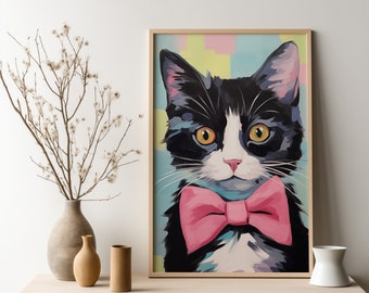 Bowtie Charm - Chic AI-Generated Cat Art Print, Stylish Pet Wall Art, Unique Cat Lover Gift, Contemporary Home Decor, Cat Portrait