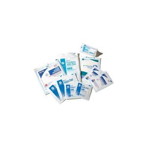 May include: Assortment of sterile medical supplies, including gauze sponges, combine ABD pads, and non-adherent pads. The packaging is primarily white and blue, with product information printed on the front. The items are arranged on a white background.