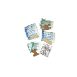 May include: Assortment of adhesive bandages in various shapes and sizes. The bandages are packaged in individual wrappers, with some featuring a tan pad and others designed for knuckles. The packaging has blue and green accents.