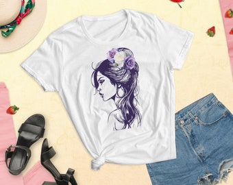 Face Sketch Graphic T-Shirt, Face Design t-shirt aesthetic  flower  women's short sleeve t-shirt