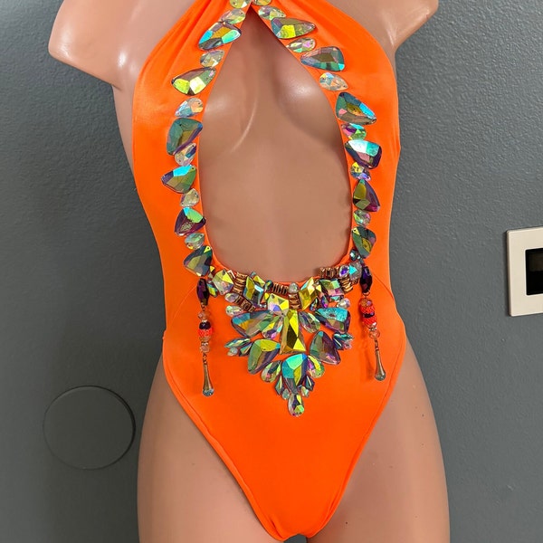 Rhinestone Caribbean Carnival Monday Wear / One piece Monokini/ Bodysuit