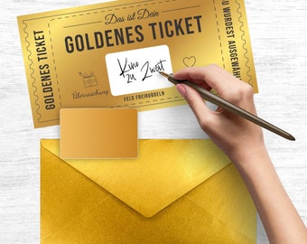 Exklusives Golden Ticket selber beschriften mit goldenem Rubbellos, Geschenk, Geburtstag, Muttertag, Valentinstag, Ostern, Rubbelkarte