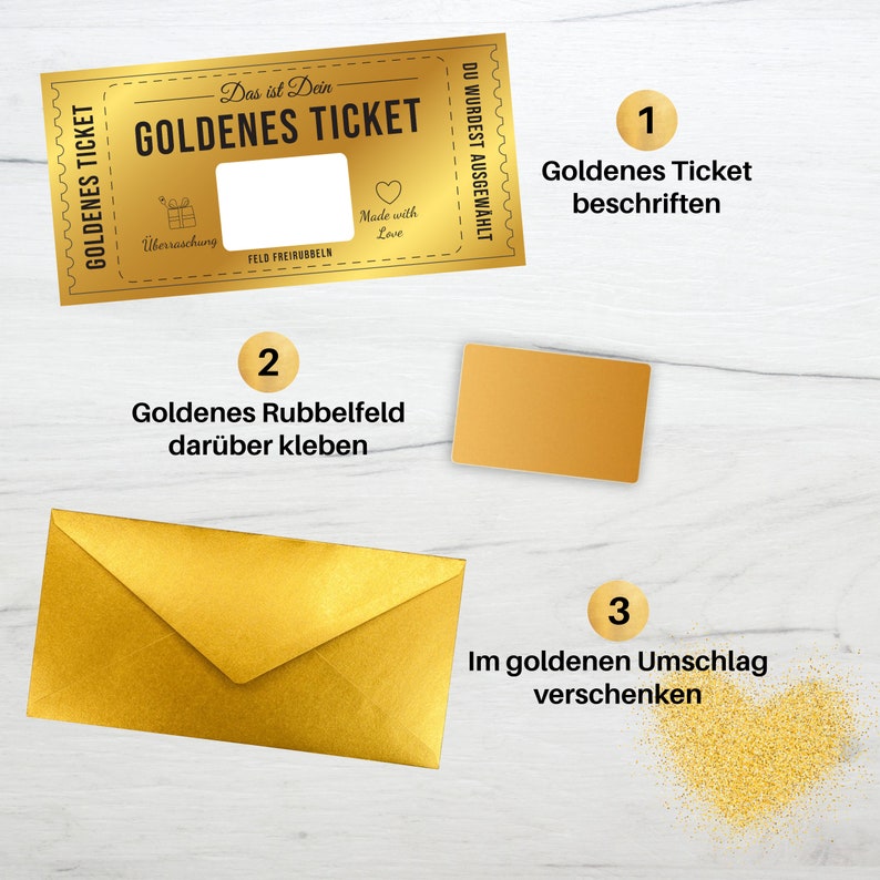 Exklusives Golden Ticket selber beschriften mit goldenem Rubbellos, Geschenk, Geburtstag, Muttertag, Valentinstag, Ostern, Rubbelkarte Bild 7