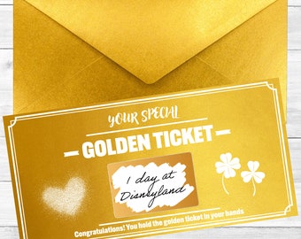 Voucher je speciale Golden Ticket label zelf - gouden kraskaart & envelop - cadeau verjaardag Valentijnsdag jubileum Pasen