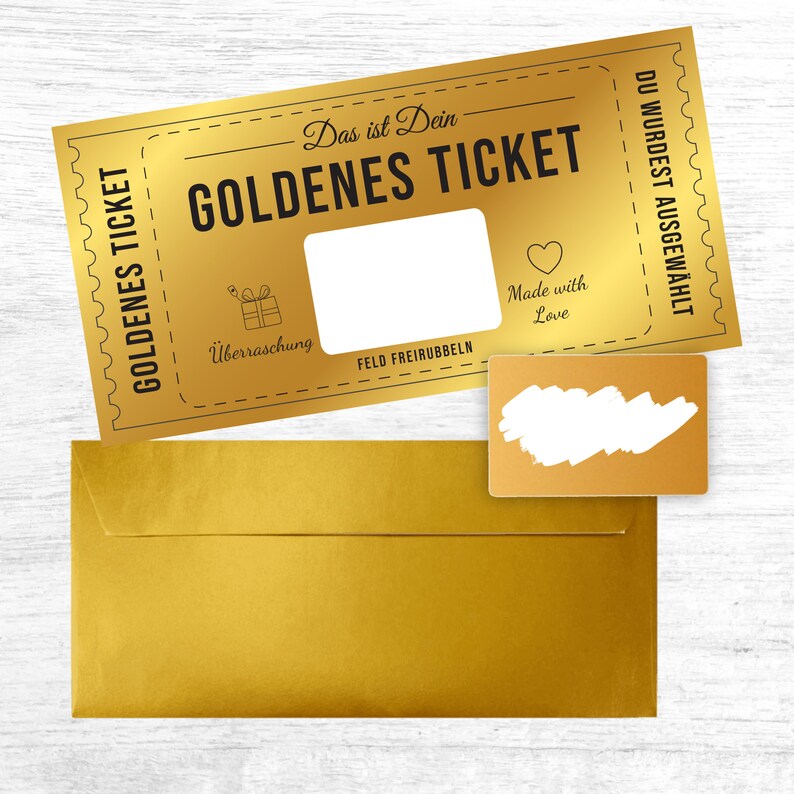 Exklusives Golden Ticket selber beschriften mit goldenem Rubbellos, Geschenk, Geburtstag, Muttertag, Valentinstag, Ostern, Rubbelkarte Bild 1