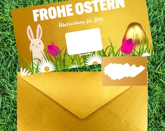 Ostern Geschenkkarte mit goldenem Rubbellos. Geschenk für Ostern, Ostergeschenke, Osterhase, Rubbelkarte, Gutschein