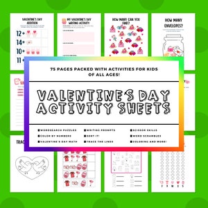 以下が含まれることがあります： あらゆる年齢の子供たちのための、75ページの印刷可能なバレンタインデーアクティビティシートパック。このパックには、単語検索、塗り絵、バレンタインデーの数学、書き込みの促し、並べ替え活動、線のなぞり書き、ハサミのスキル、単語スクランブル、塗り絵が含まれています。
