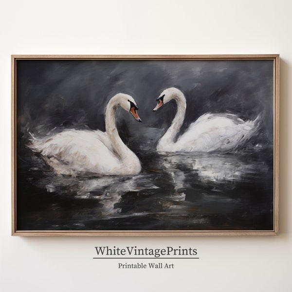 Printable Swans with a black background, Vintage Oilpainting, Antique Art Print, Wall art, digital download