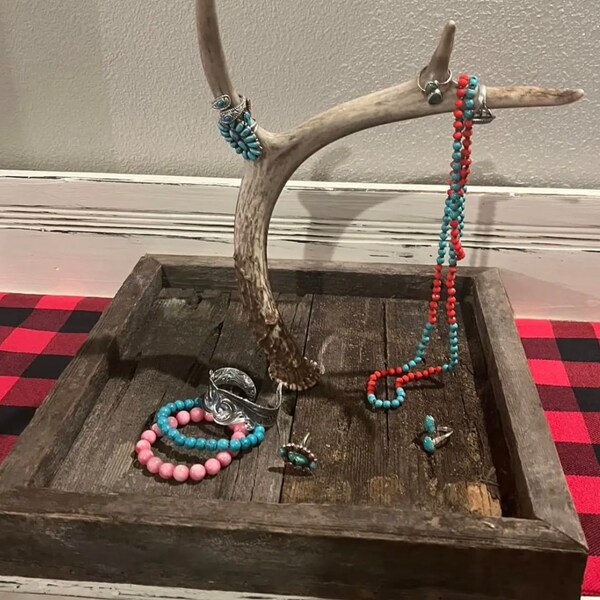 Shed antler jewelry holder with reclaimed barn wood base