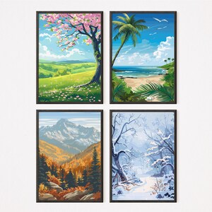 The Four Season - Set Of 4 | Vector Art 10 | Home decor | Spring | Summer | Autumn | Winter | Download Printable | Wall Art | Landscape art