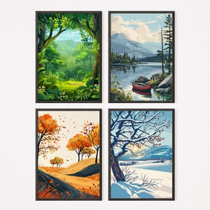 The Four Seasons - Set Of 4 Vector Illustrations v26 - Home decor - Spring - Summer - Autumn - Winter - Download Printable Wall Art