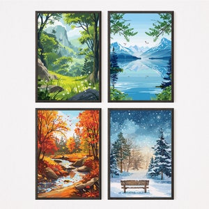 The Four Season - Set Of 4 | Vector Art 25 | Home decor | Spring | Summer | Autumn | Winter | Download Printable | Wall Art | Landscape art