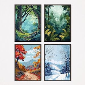 The Four Season - Set Of 4 | Vector Art 22 | Home decor | Spring | Summer | Autumn | Winter | Download Printable | Wall Art | Landscape art