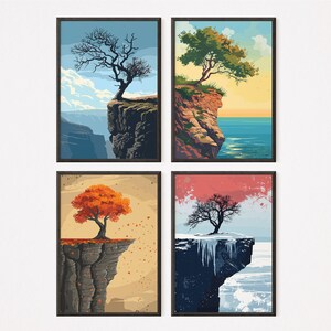 Un árbol solitario - Conjunto de cuatro pinturas, Decoración del hogar, Primavera, Verano, Otoño, Invierno, Descargar arte de pared imprimible, Arte vectorial, Impresiones de vivero
