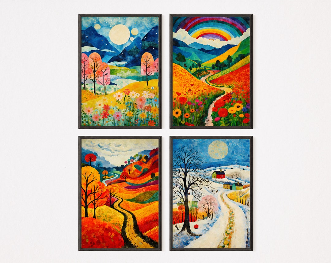 Four Seasons Watercolor Print Set – Scenic Landscape Art (digital ...