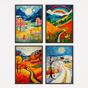 Illustration of the Four Season- Set Of 4 Art Illustration, Home decor, Spring, Summer, Autumn, Winter, Download Printable Wall Art,