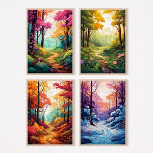 The Four Seasons - Set Of 4 Vector Illustrations - Home decor - Spring - Summer - Autumn - Winter - Download Printable Wall Art