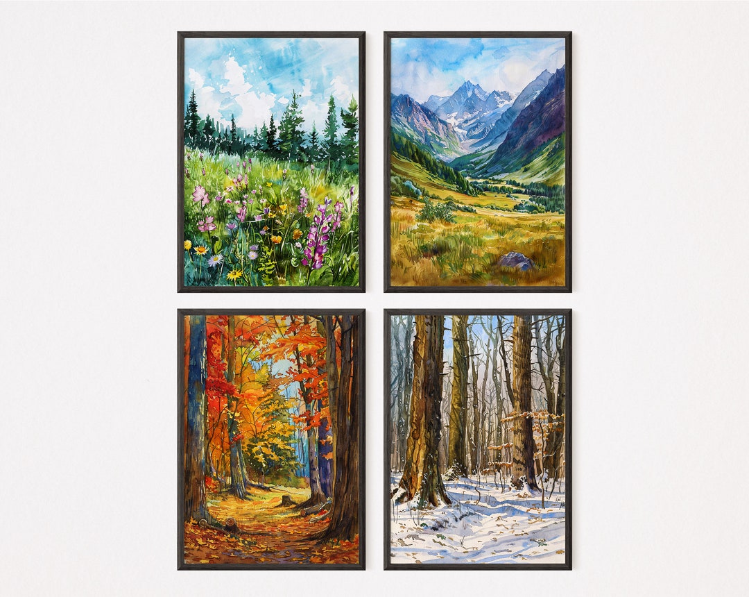 Four Seasons Watercolor Print Set – Nature Art Home Decor (digital ...