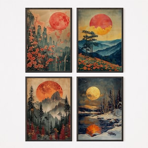 Art Deco Prints - The Moon- Four Seasons | Set of 4 | Seasons print | Fine Art prints | Instant Download | Home Decor | Nature Art