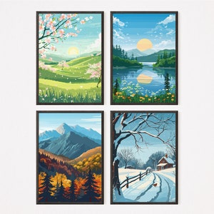 The Four Season - Set Of 4 | Vector Art 12 | Home decor | Spring | Summer | Autumn | Winter | Download Printable | Wall Art | Landscape art