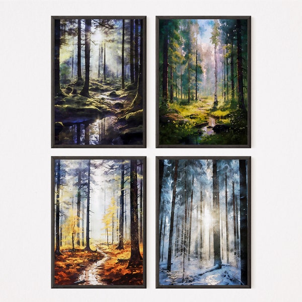 Les quatre saisons - lot de 4 aquarelles, décoration d'intérieur, printemps, été, automne, hiver, art mural imprimable à télécharger,