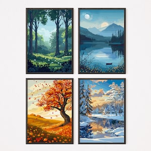 The Four Season - Set Of 4 | Vector Art 27 | Home decor | Spring | Summer | Autumn | Winter | Download Printable | Wall Art | Landscape art