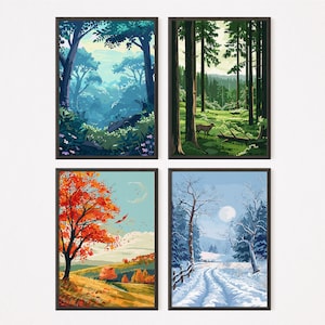 The Four Season - Set Of 4 | Vector Art 23 | Home decor | Spring | Summer | Autumn | Winter | Download Printable | Wall Art | Landscape art