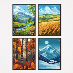 The Four Season - Set Of 4 | Vector Art 8 | Home decor | Spring | Summer | Autumn | Winter | Download Printable | Wall Art | Landscape art