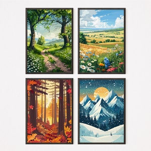 The Four Season - Set Of 4 | Vector Art 6 | Home decor | Spring | Summer | Autumn | Winter | Download Printable | Wall Art | Landscape art