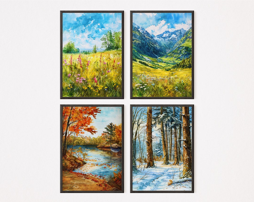 Four Seasons Watercolor Print Set – Nature Art Home Decor (digital ...