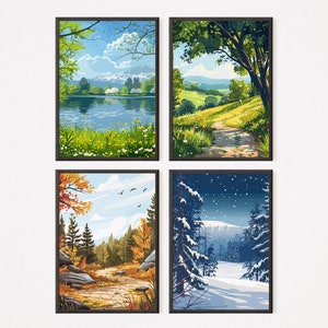 The Four Season - Set Of 4 | Vector Art 15 | Home decor | Spring | Summer | Autumn | Winter | Download Printable | Wall Art | Landscape art