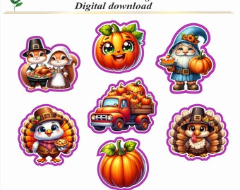 May include: A set of seven STL files for 3D printing cookie cutters. The designs include a pumpkin, a gnome holding a pumpkin pie, a truck full of pumpkins, a turkey, a squirrel and a chipmunk holding a pie, and a baby turkey holding a pie.