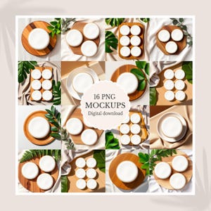 May include: A grid of 16 PNG mockups of white plates and coasters on wooden boards and fabric. The mockups are arranged in a square, with each featuring a different arrangement and style. The text "16 PNG MOCKUPS Digital download" is in the center.