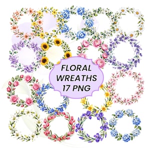 May include: A collection of 17 floral wreath designs in various colors, including pink roses, yellow sunflowers, blue hydrangeas, and purple lavender. The wreaths are arranged in a circular pattern, with a central text element that reads "FLORAL WREATHS 17 PNG".
