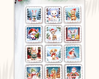 Christmas Animal Advent Calendar Clipart, DIY Holiday Countdown (Digital Download)