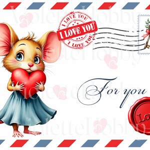 Valentinstag Maus Clipart | 8 JPEG Postkarten Illustrationen | Niedliche digitale Valentinskarten
