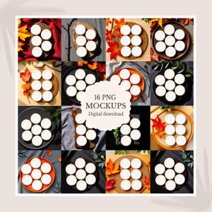 May include: A grid of sixteen mockups featuring white circular objects on various plates and surfaces. The image includes fall foliage and the text "16 PNG MOCKUPS Digital download."