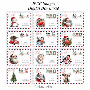 Op de afbeelding: Een verzameling van twaalf digitale kerstenveloppen met rood-blauw gestreepte randen. Elke envelop toont unieke vakantie-illustraties, waaronder de Kerstman, sneeuwpoppen, vogels en rendieren, met de tekst To: The Most Wonderful Person of To: The Most Amazing Family.