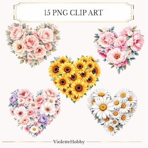15 PNG Clip Art Buquês florais em forma de coração - Girassóis, Rosas, Peônias, Margaridas - Download digital