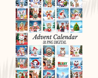 Advent Calendar PNG, 31 Christmas Numbers, Cute Animal Christmas Countdown Clipart